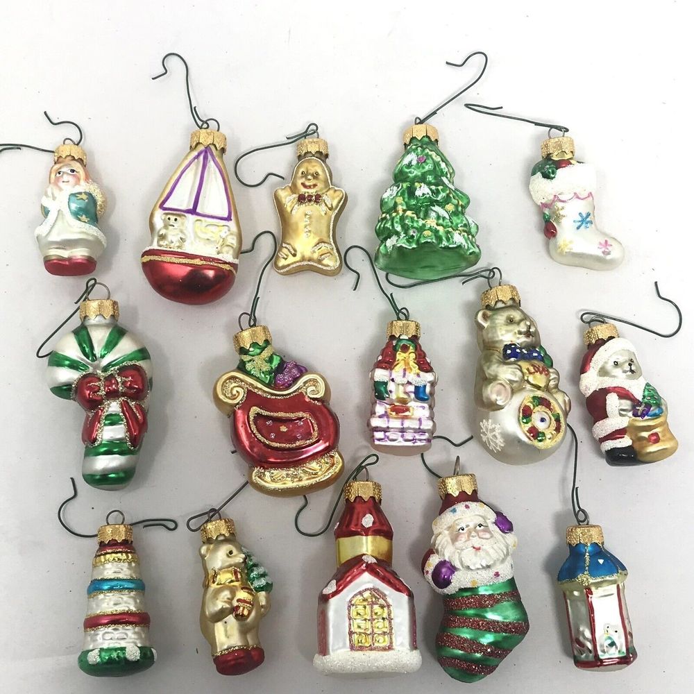 Glass Christmas Tree Ornaments Set of 15 Miniature Holiday Santa Stocking Bear